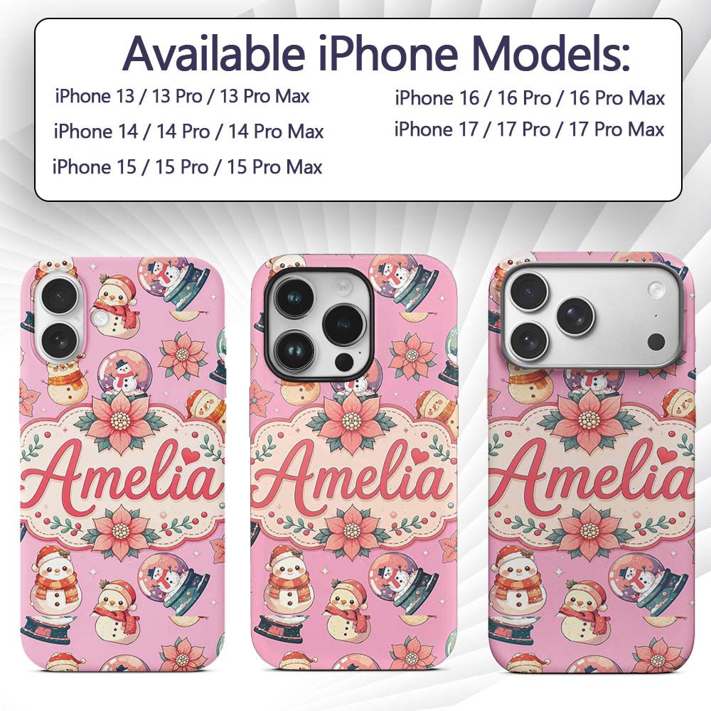 Cute Snowman Snow Globe Poinsettia Printed Design Custom Name Protective Phone Case Mobile Cover Durable Everyday Smartphone Shock Resistant