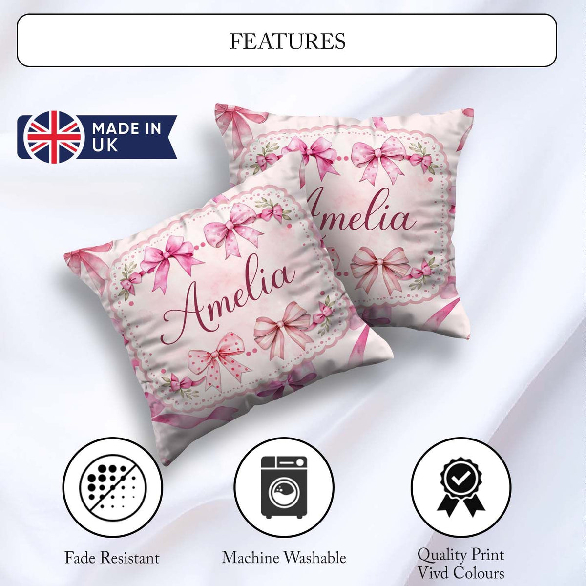 Custom Name Watercolor Pink Ribbon Bows Beige Background Pattern Square Filled Cushion Throw Pillow Sofa Bed Home Decor Zip Washable UK Made