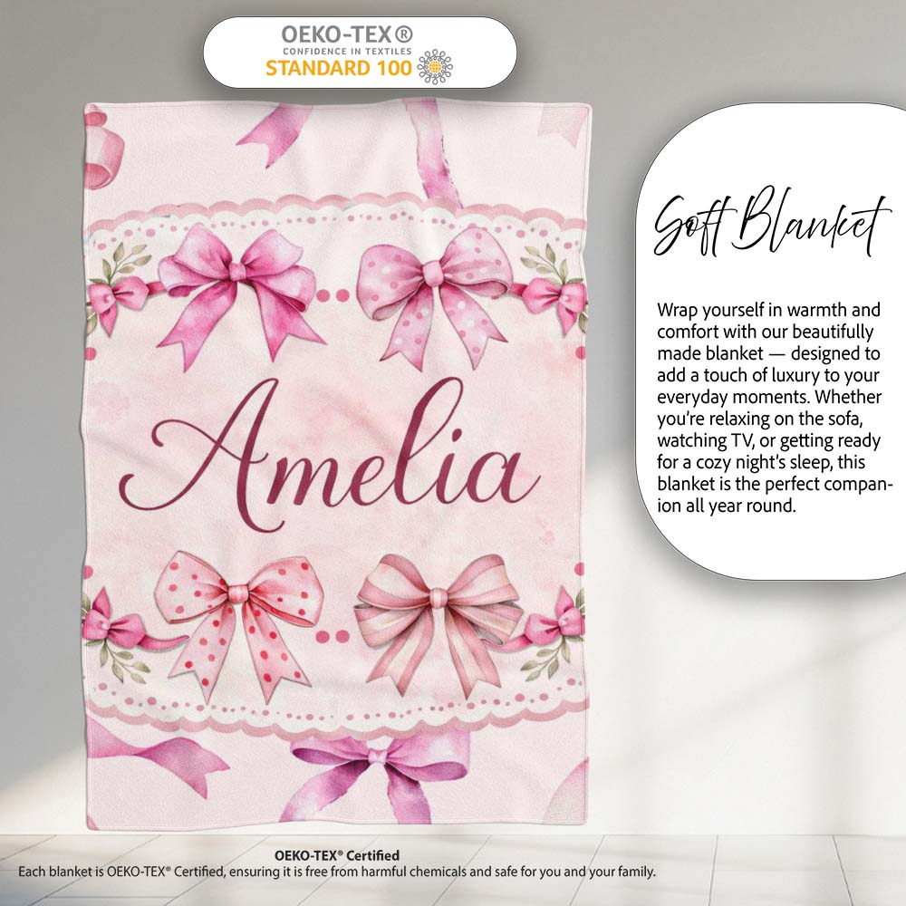 Watercolor Pink Ribbon Bows Beige Background Seamless Pattern Lovely  Personalised Custom Name Super Soft Fleece Blanket Bed Sofa Throw