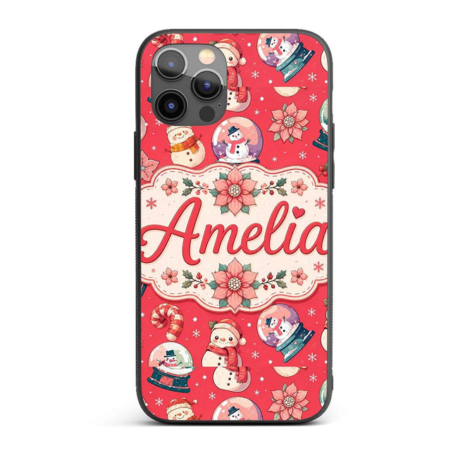 Cute Snowman Snow Globe Poinsettia Printed Design Custom Name Protective Phone Case Mobile Cover Durable Everyday Smartphone Shock Resistant