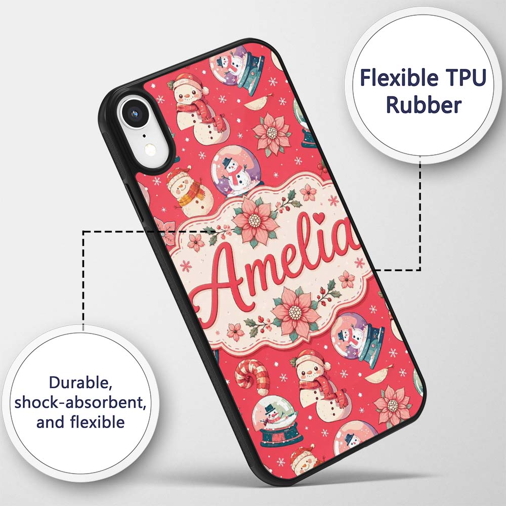 Cute Snowman Snow Globe Poinsettia Printed Design Custom Name Protective Phone Case Mobile Cover Durable Everyday Smartphone Shock Resistant