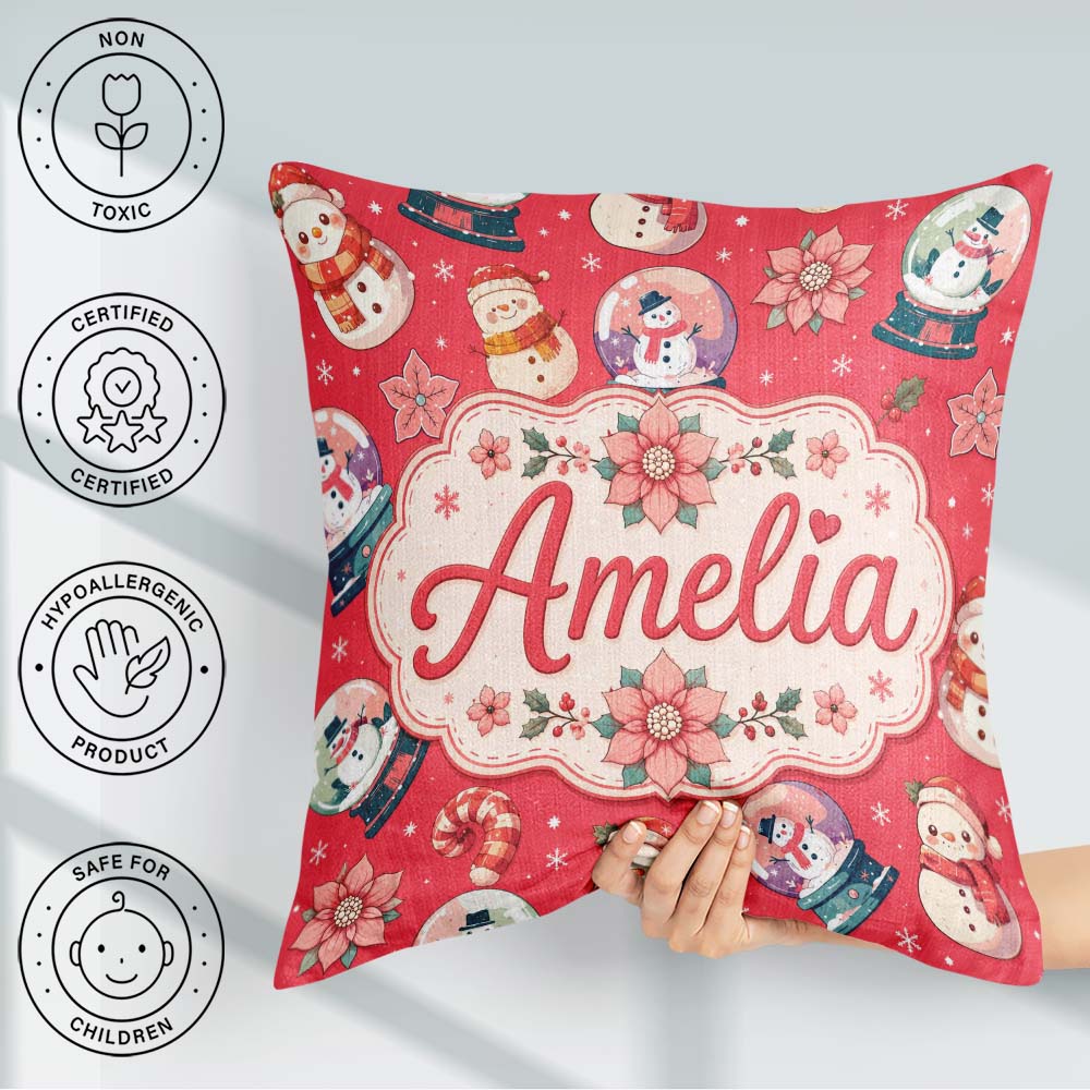 Custom Name Cute Snowman Snow Globe Flower Christmas Pattern Red Square Filled Cushion Throw Pillow Sofa Bed Home Decor Zip Washable UK Made