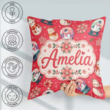 Custom Name Cute Snowman Snow Globe Flower Christmas Pattern Red Square Filled Cushion Throw Pillow Sofa Bed Home Decor Zip Washable UK Made