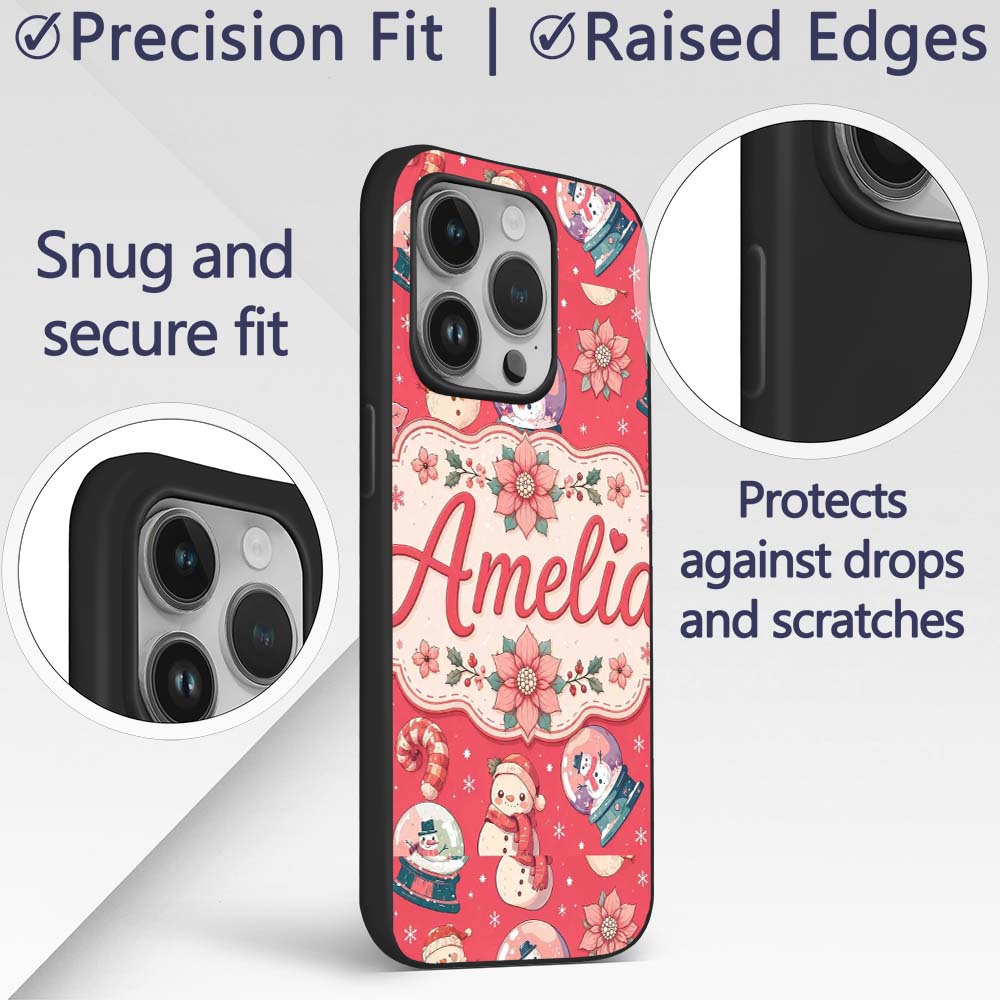 Cute Snowman Snow Globe Poinsettia Printed Design Custom Name Protective Phone Case Mobile Cover Durable Everyday Smartphone Shock Resistant