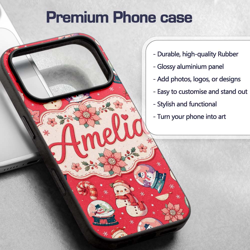 Cute Snowman Snow Globe Poinsettia Printed Design Custom Name Protective Phone Case Mobile Cover Durable Everyday Smartphone Shock Resistant