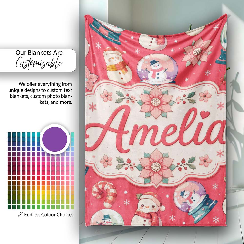 Cute Snowman Snow Globe Poinsettia Flower Christmas Pattern Red  Personalised Custom Name Super Soft Fleece Blanket Bed Sofa Throw
