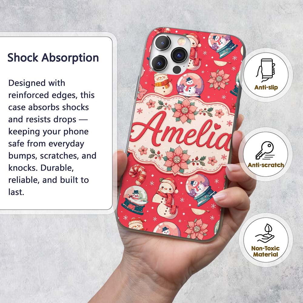 Cute Snowman Snow Globe Poinsettia Printed Design Custom Name Protective Phone Case Mobile Cover Durable Everyday Smartphone Shock Resistant