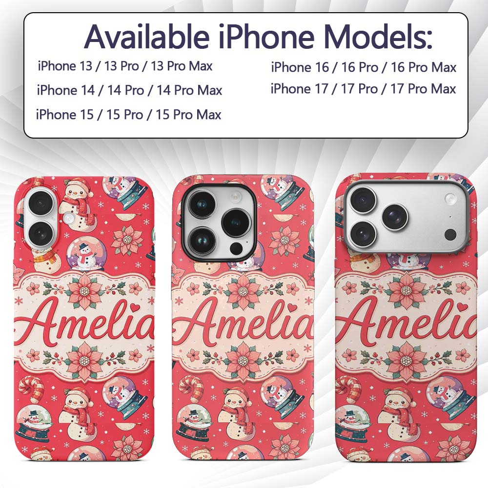 Cute Snowman Snow Globe Poinsettia Printed Design Custom Name Protective Phone Case Mobile Cover Durable Everyday Smartphone Shock Resistant