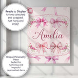 Personalised Name Watercolor Pink Ribbon Bows Beige Background Custom Modern Room Accent Canvas Wall Art Print Decor Picture Ready to Hang