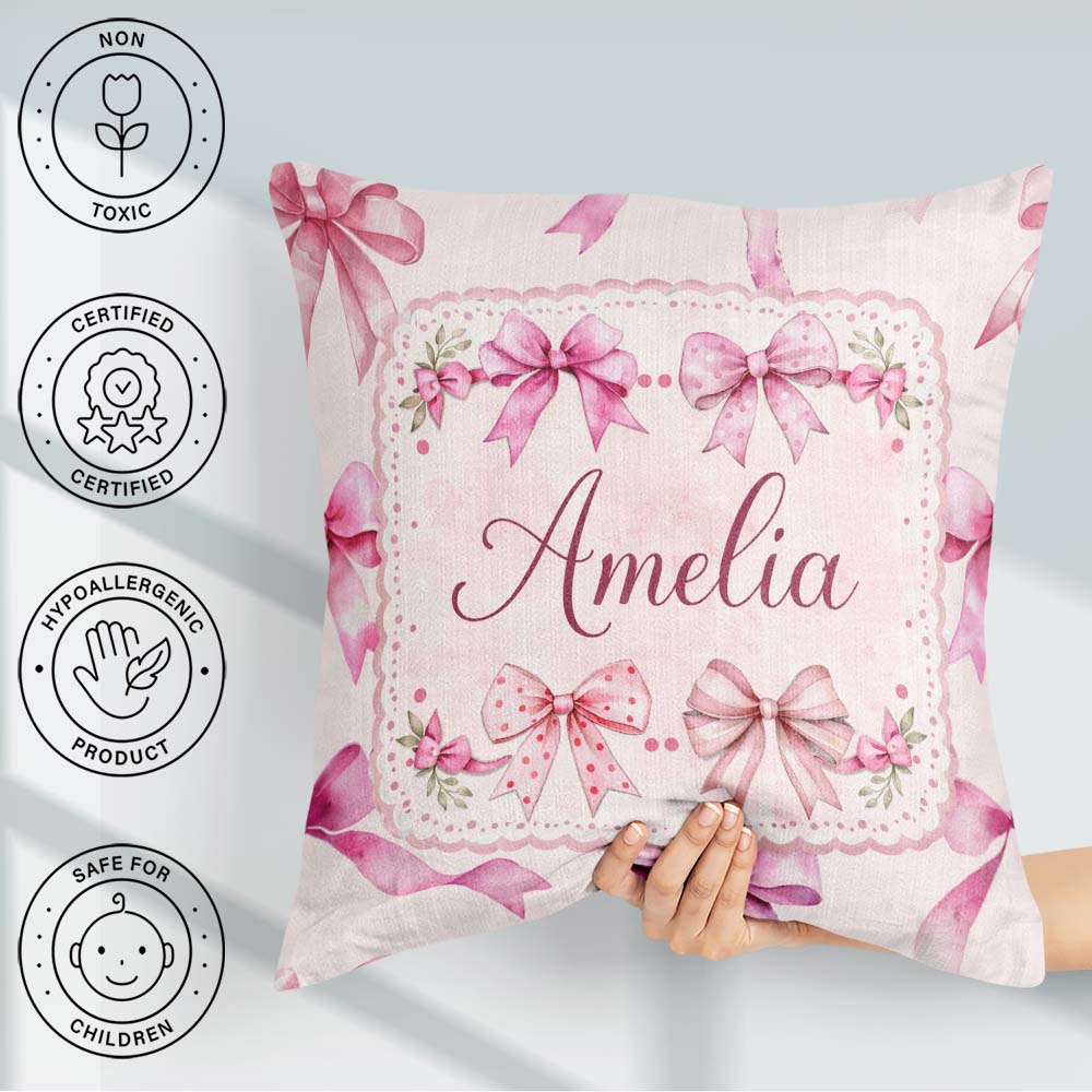 Custom Name Watercolor Pink Ribbon Bows Beige Background Pattern Square Filled Cushion Throw Pillow Sofa Bed Home Decor Zip Washable UK Made