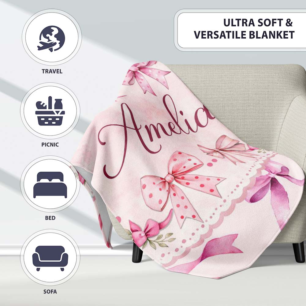 Watercolor Pink Ribbon Bows Beige Background Seamless Pattern Lovely  Personalised Custom Name Super Soft Fleece Blanket Bed Sofa Throw