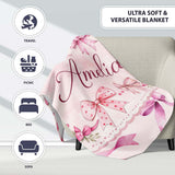 Watercolor Pink Ribbon Bows Beige Background Seamless Pattern Lovely  Personalised Custom Name Super Soft Fleece Blanket Bed Sofa Throw