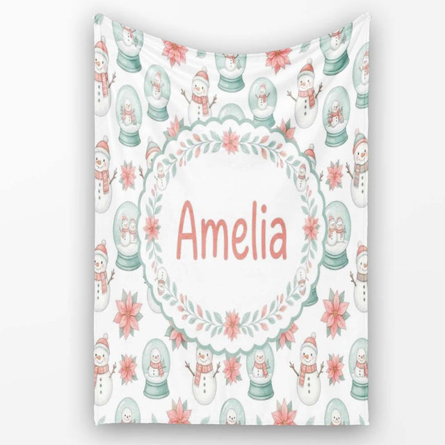 Cute Snowman Snow Globe Poinsettia Flower Christmas Pattern White  Personalised Custom Name Super Soft Fleece Blanket Bed Sofa Throw