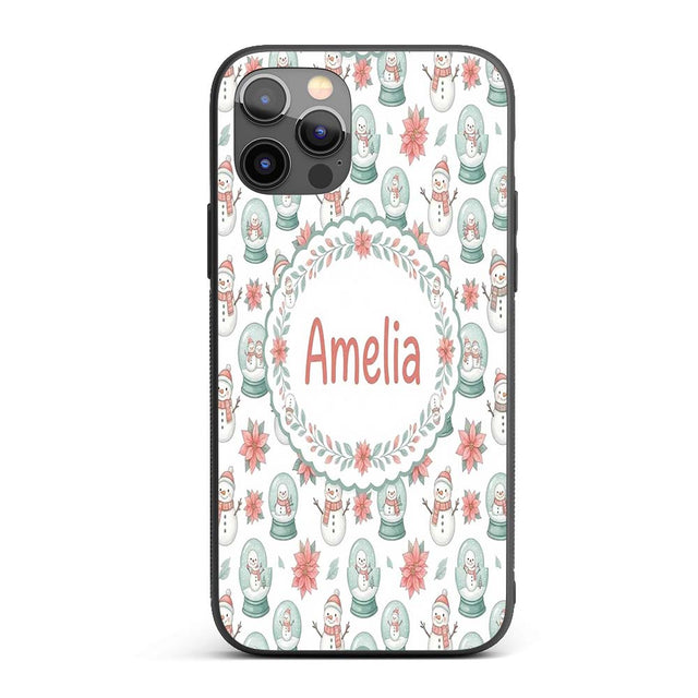 Cute Snowman Snow Globe Poinsettia Printed Design Custom Name Protective Phone Case Mobile Cover Durable Everyday Smartphone Shock Resistant
