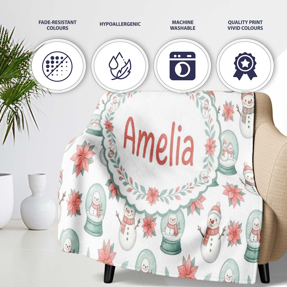 Cute Snowman Snow Globe Poinsettia Flower Christmas Pattern White  Personalised Custom Name Super Soft Fleece Blanket Bed Sofa Throw
