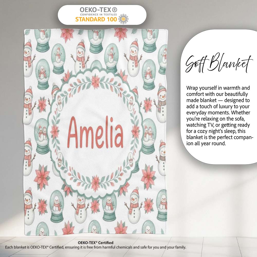 Cute Snowman Snow Globe Poinsettia Flower Christmas Pattern White  Personalised Custom Name Super Soft Fleece Blanket Bed Sofa Throw