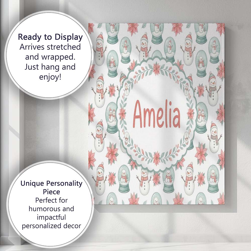 Personalised Name Cute Snowman Snow Globe Custom  Unique Gift Idea Elegant Feature Canvas Wall Art Print Decor Picture Ready to Hang