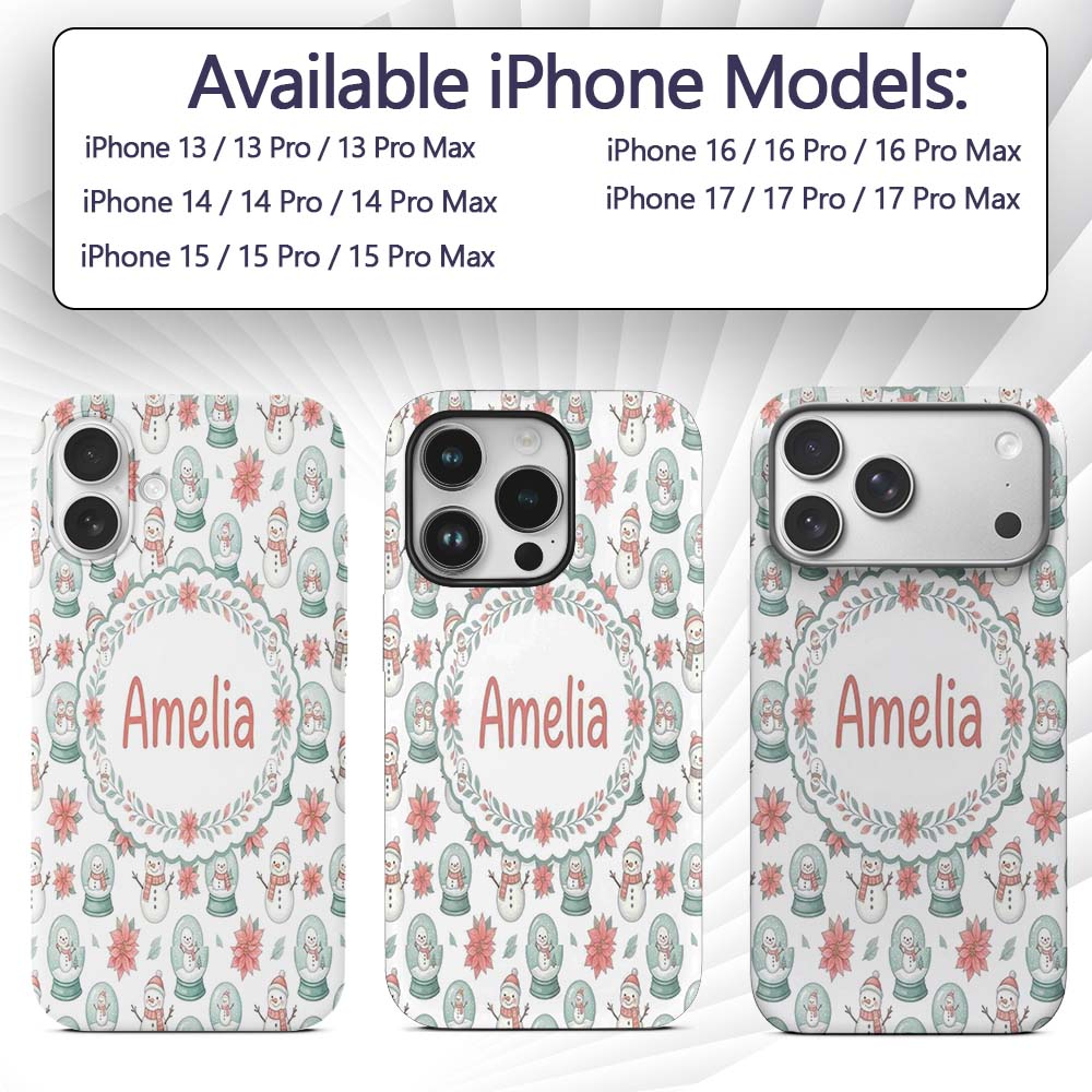 Cute Snowman Snow Globe Poinsettia Printed Design Custom Name Protective Phone Case Mobile Cover Durable Everyday Smartphone Shock Resistant