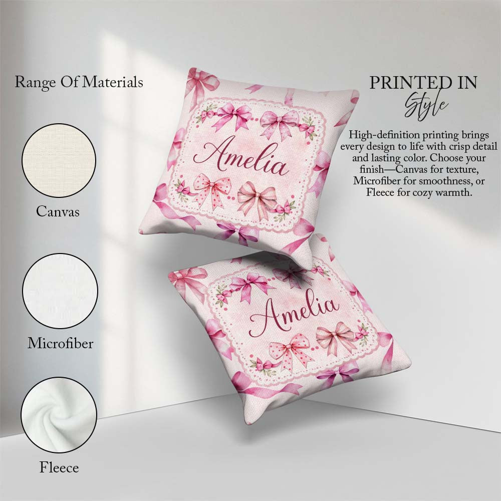 Custom Name Watercolor Pink Ribbon Bows Beige Background Pattern Square Filled Cushion Throw Pillow Sofa Bed Home Decor Zip Washable UK Made