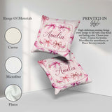 Custom Name Watercolor Pink Ribbon Bows Beige Background Pattern Square Filled Cushion Throw Pillow Sofa Bed Home Decor Zip Washable UK Made