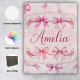 Personalised Name Watercolor Pink Ribbon Bows Beige Background Custom Modern Room Accent Canvas Wall Art Print Decor Picture Ready to Hang