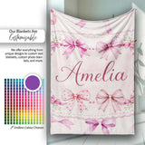 Watercolor Pink Ribbon Bows Beige Background Seamless Pattern Lovely  Personalised Custom Name Super Soft Fleece Blanket Bed Sofa Throw