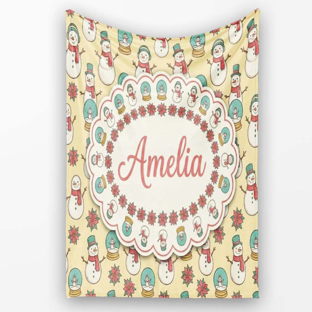 Cute Snowman Snow Globe Poinsettia Flower Christmas Pattern Yellow  Personalised Custom Name Super Soft Fleece Blanket Bed Sofa Throw