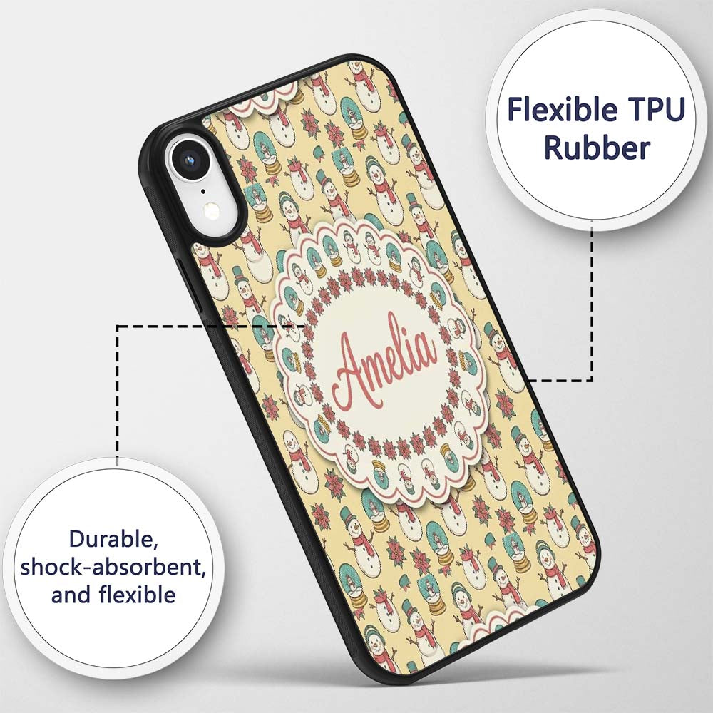 Cute Snowman Snow Globe Poinsettia Printed Design Custom Name Protective Phone Case Mobile Cover Durable Everyday Smartphone Shock Resistant