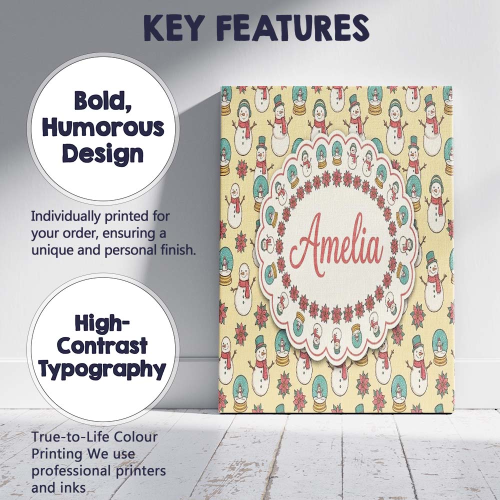 Personalised Name Cute Snowman Snow Globe Custom  Unique Gift Idea Elegant Feature Canvas Wall Art Print Decor Picture Ready to Hang