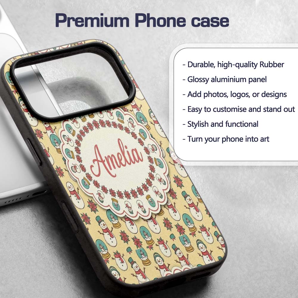 Cute Snowman Snow Globe Poinsettia Printed Design Custom Name Protective Phone Case Mobile Cover Durable Everyday Smartphone Shock Resistant
