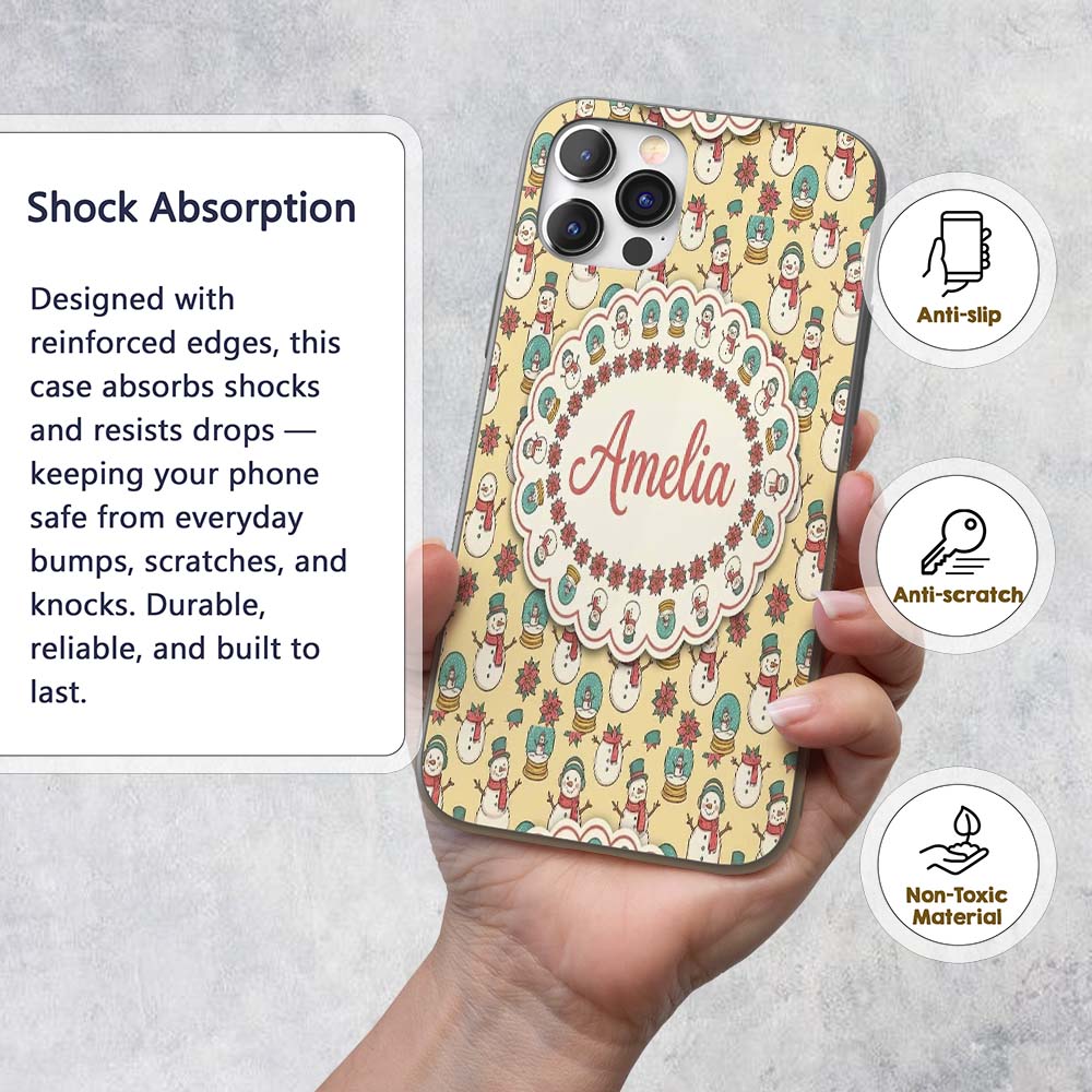 Cute Snowman Snow Globe Poinsettia Printed Design Custom Name Protective Phone Case Mobile Cover Durable Everyday Smartphone Shock Resistant