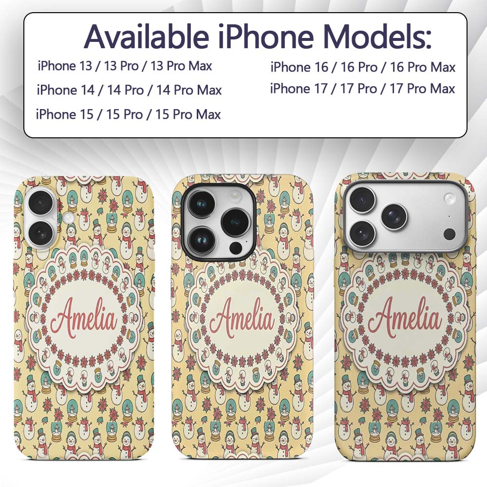 Cute Snowman Snow Globe Poinsettia Printed Design Custom Name Protective Phone Case Mobile Cover Durable Everyday Smartphone Shock Resistant
