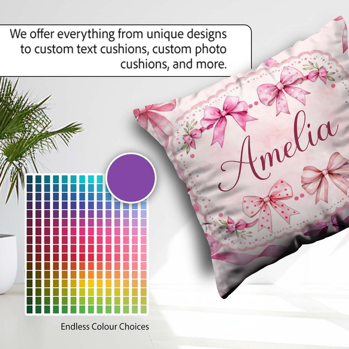 Custom Name Watercolor Pink Ribbon Bows Beige Background Pattern Square Filled Cushion Throw Pillow Sofa Bed Home Decor Zip Washable UK Made