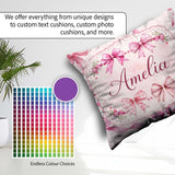 Custom Name Watercolor Pink Ribbon Bows Beige Background Pattern Square Filled Cushion Throw Pillow Sofa Bed Home Decor Zip Washable UK Made