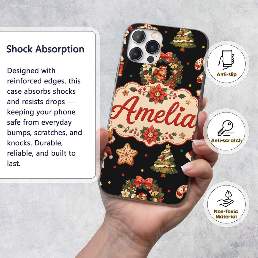 Cute Christmas Nutcracker Squirrel Cake Candy Custom Name Protective Phone Case Mobile Cover Durable Everyday Smartphone Shock Resistant