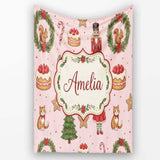 Christmas Nutcracker Squirrel Cake Candy Cane Girl Tree Light Pink  Personalised Custom Name Super Soft Fleece Blanket Bed Sofa Throw