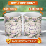 Personalized Custom Name Cream and Lavender Hydrangea Botanical Seamless Pattern Lovely 11oz Ceramic Coffee Tea Mug White Large Handle