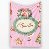 Cute Christmas Nutcracker Squirrel Cake Candy Cane Girl Tree Pink  Personalised Custom Name Super Soft Fleece Blanket Bed Sofa Throw