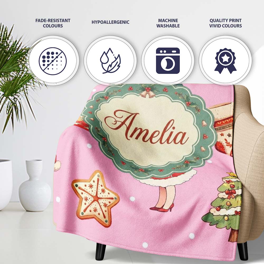Cute Christmas Nutcracker Squirrel Cake Candy Cane Girl Tree Pink  Personalised Custom Name Super Soft Fleece Blanket Bed Sofa Throw