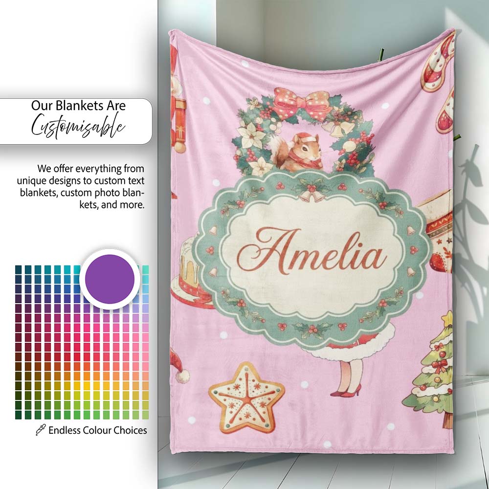 Cute Christmas Nutcracker Squirrel Cake Candy Cane Girl Tree Pink  Personalised Custom Name Super Soft Fleece Blanket Bed Sofa Throw