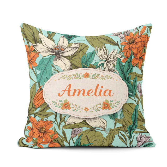 Custom Name Tropical Floral Leaves Blue Seamless Pattern Lovely Square Filled Cushion Throw Pillow Sofa Bed Home Decor Zip Washable UK Made