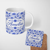 Personalized Custom Name Elegant Blue Vintage Floral Vine Seamless Pattern Cute Unique Gift 11oz Ceramic Coffee Tea Mug White Large Handle