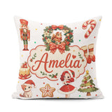Custom Name Christmas Nutcracker Cake Candy Cane Girl Tree White Square Filled Cushion Throw Pillow Sofa Bed Home Decor Zip Washable UK Made