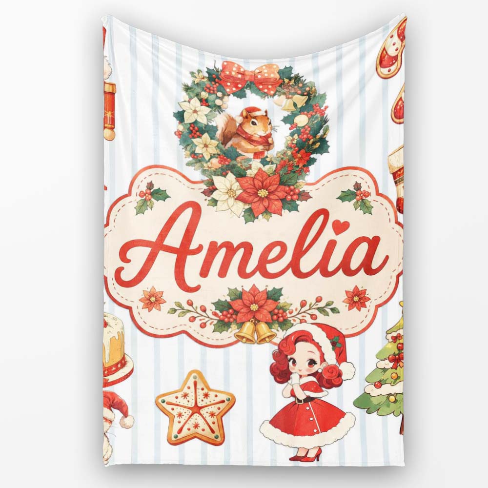 Christmas Nutcracker Squirrel Cake Candy Cane Girl Tree lue Stripe  Personalised Custom Name Super Soft Fleece Blanket Bed Sofa Throw