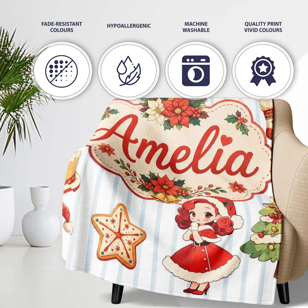 Christmas Nutcracker Squirrel Cake Candy Cane Girl Tree lue Stripe  Personalised Custom Name Super Soft Fleece Blanket Bed Sofa Throw