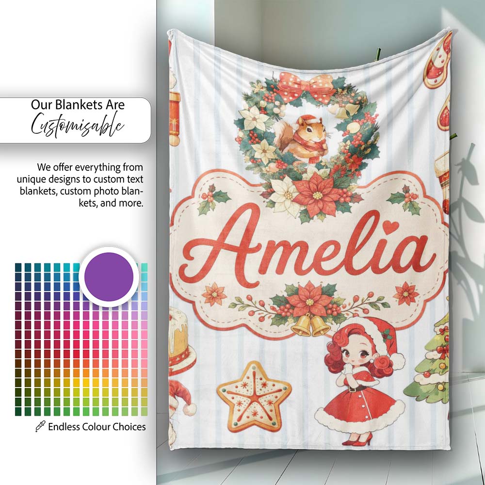 Christmas Nutcracker Squirrel Cake Candy Cane Girl Tree lue Stripe  Personalised Custom Name Super Soft Fleece Blanket Bed Sofa Throw