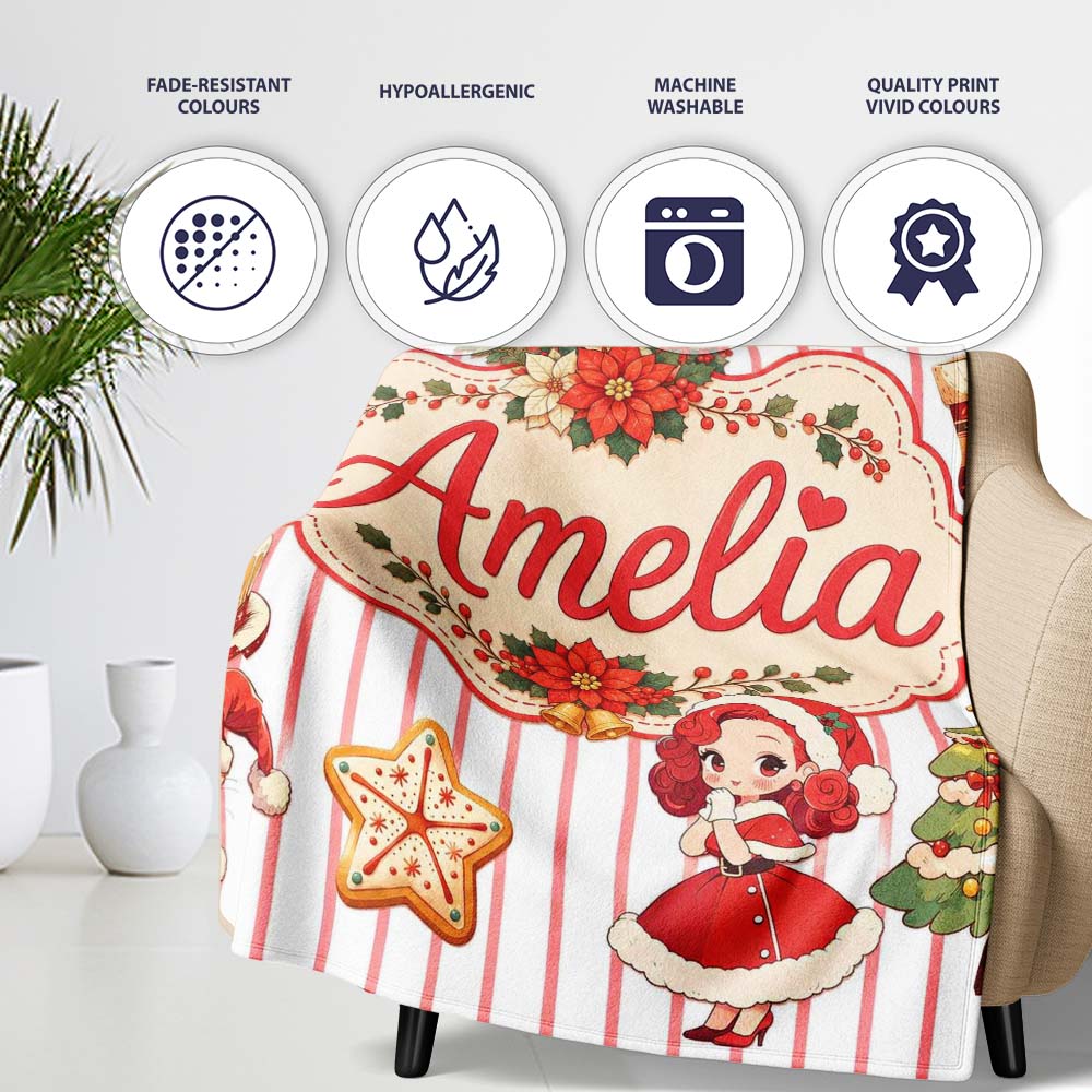 Christmas Nutcracker Squirrel Cake Candy Cane Girl Tree Red Stripe  Personalised Custom Name Super Soft Fleece Blanket Bed Sofa Throw