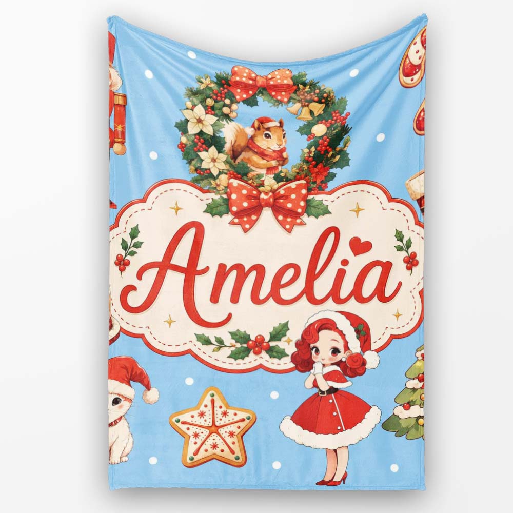 Christmas Nutcracker Squirrel Cake Candy Cane Girl Tree Blue Snow  Personalised Custom Name Super Soft Fleece Blanket Bed Sofa Throw