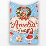 Christmas Nutcracker Squirrel Cake Candy Cane Girl Tree Blue Snow  Personalised Custom Name Super Soft Fleece Blanket Bed Sofa Throw