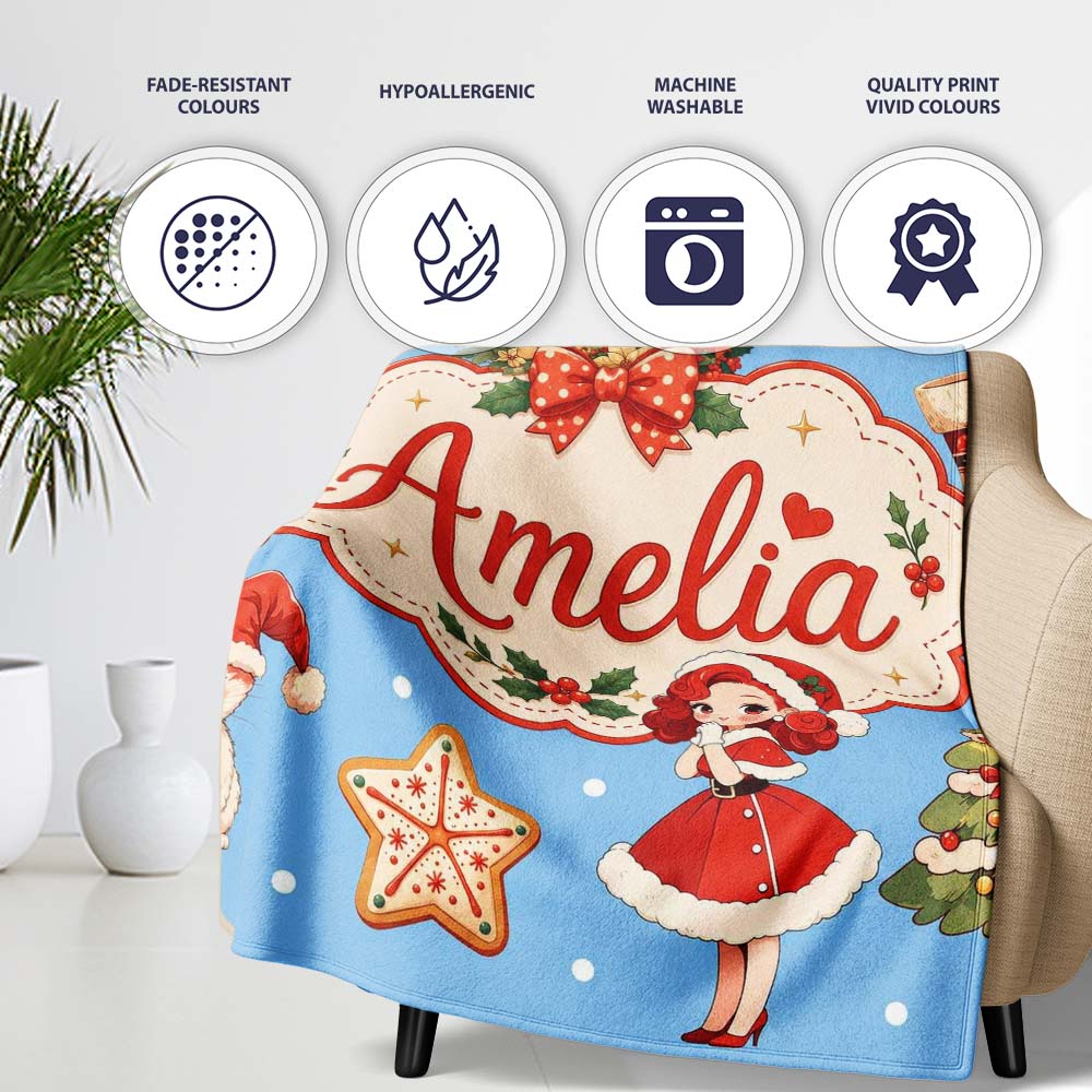 Christmas Nutcracker Squirrel Cake Candy Cane Girl Tree Blue Snow  Personalised Custom Name Super Soft Fleece Blanket Bed Sofa Throw